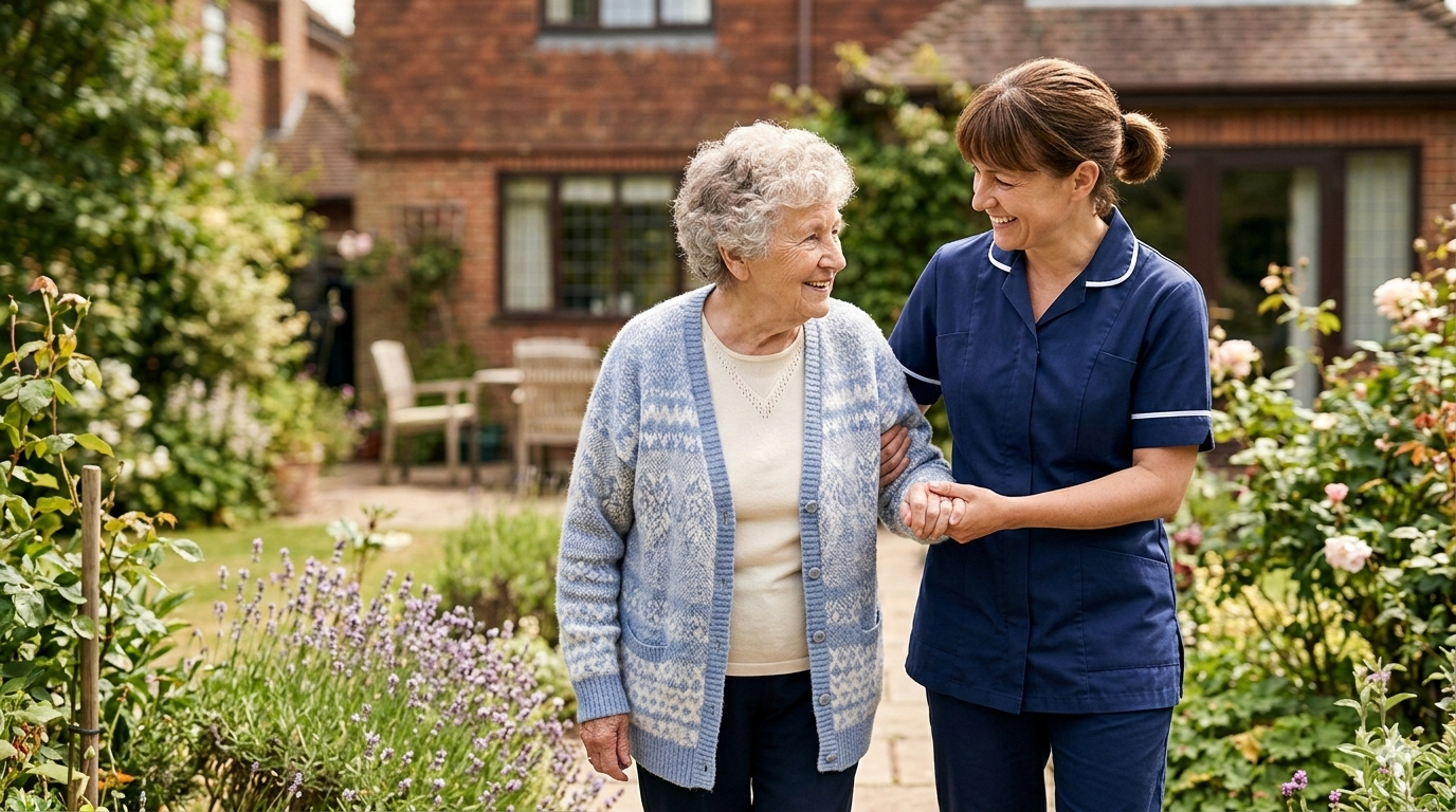 Caregiver assisting client in a peaceful setting