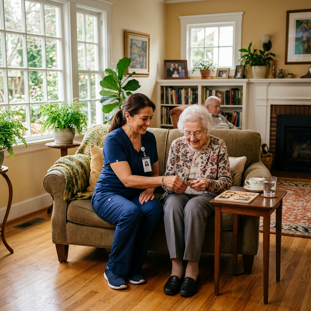 Caregiver providing assistance in living room